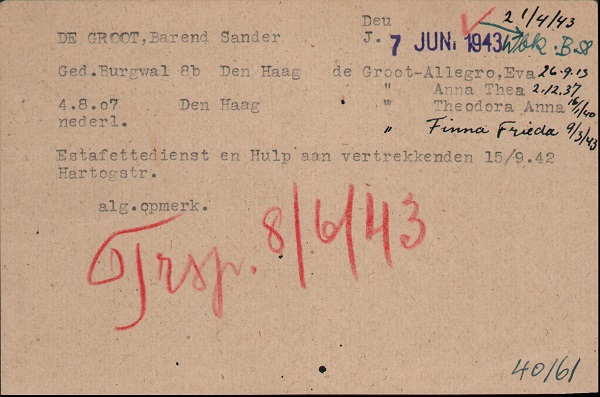 Kaart van de Joodsche Raad met daarop de transportdatum uit Westerbork van het gezin van Barend Sander de Groot. Bron: Arolsen Archives