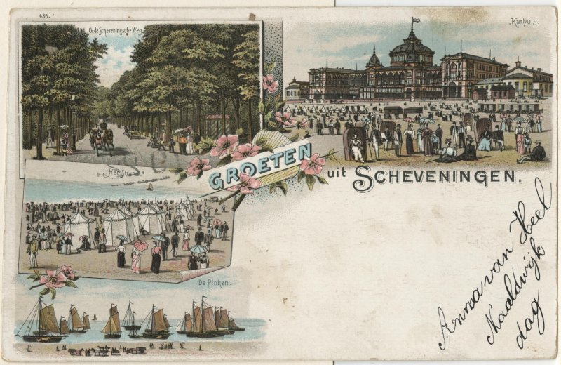 Ansichtkaart uit 1900 met vier afbeeldingen van Scheveningen
