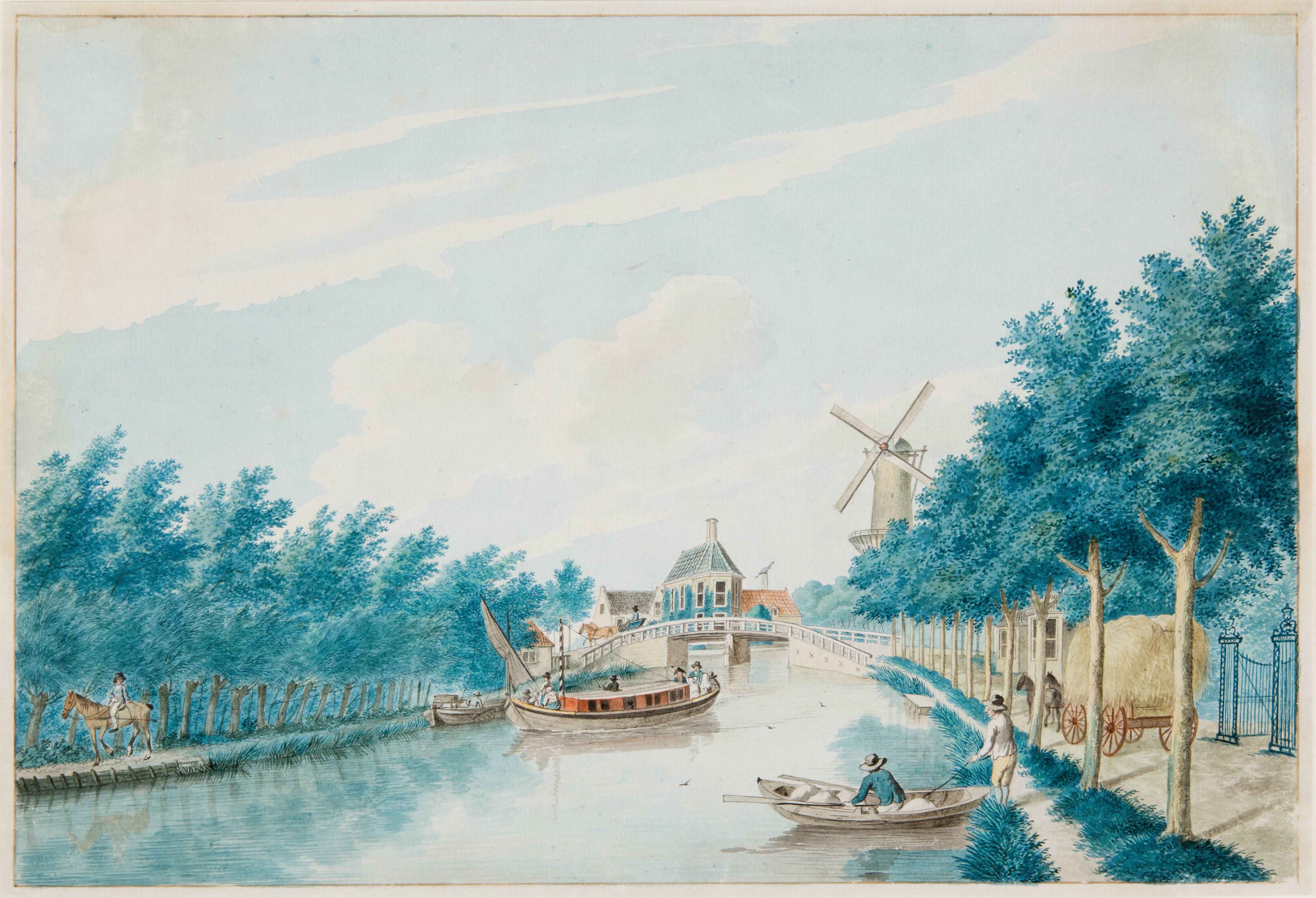 De Hoornbrug bij de Delftweg, met rechts naast hooiwagen, de ingang van buitenplaats Ypenburg, circa 1800, tekening penseel in kleur. Maker onbekend
