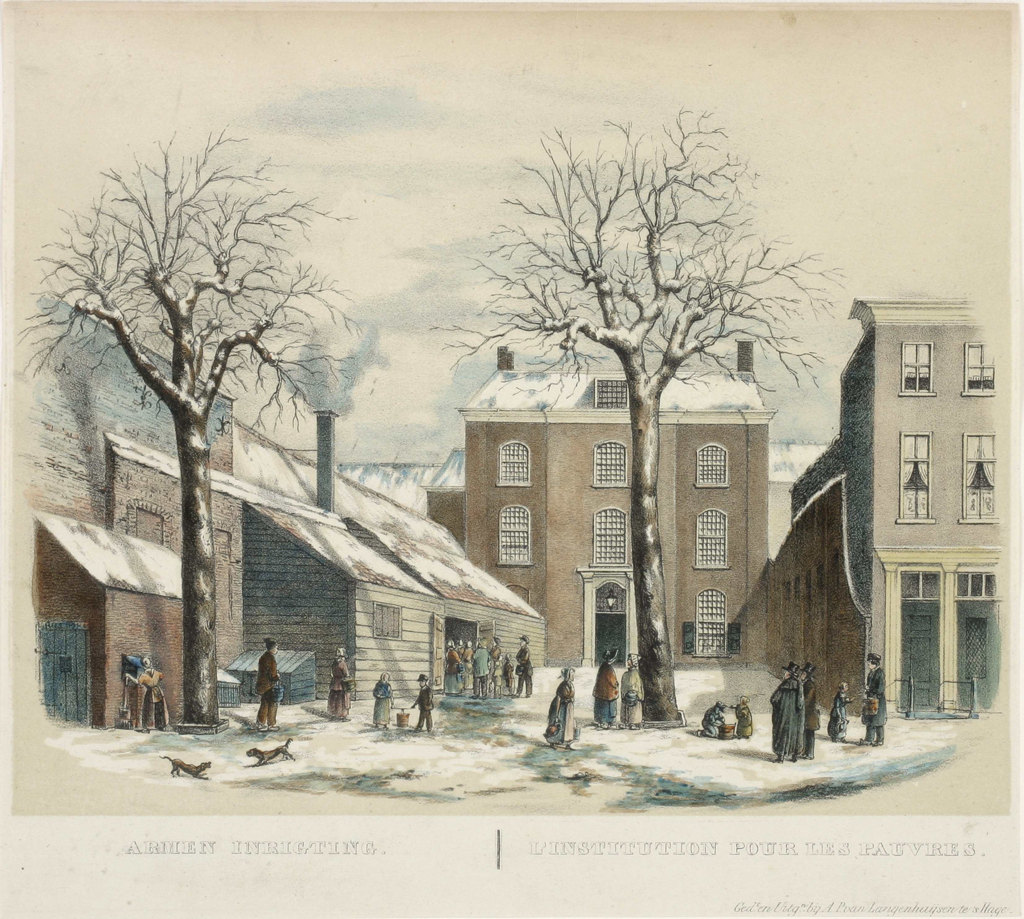 De Armeninrichting (1806-1873) aan het Bleijenburg in wintertooi. Voorheen het VOC-gebouw. Het is in 1873 afgebroken. Kleurenlithografie uitgever A.P. van Langenhuysen circa 1844