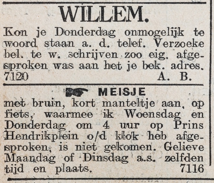 twee contactadvertenties in de Haagsche Courant