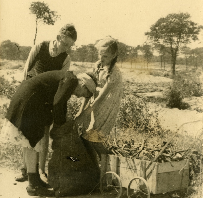 Kinderen verzamelen takken in wat over is van de Scheveningse Bosjes. Fotograaf L.H. Zieck, 1944 (fragment)