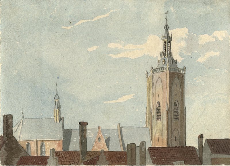 Het koor (l.) en de toren (r.) van de Grote of St. Jacobskerk gezien vanuit het noorden, mogelijk vanaf een huis aan de Nobelstraat door B.J. van Hove (1790-1880)