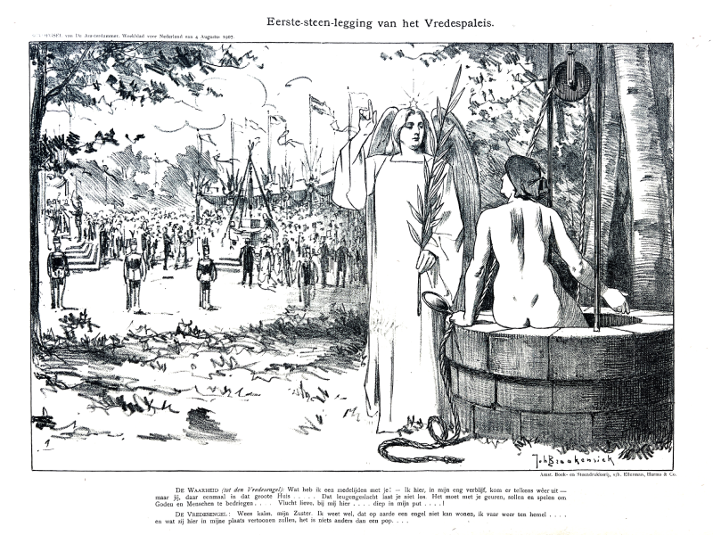 Spotprent op de eerste steenlegging van het Vredespaleis met personificaties van de Waarheid en de Vredesengel, 1907, collectie Haags Gemeentearchief