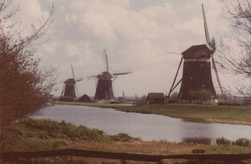 Leidschendam, gezicht op de drie molens, de molenvaart en het sluisje in de molenvaart in het Wilsveen, gezien vanaf de Stompwijkseweg in zuidoostelijke richting, 1977 (deel van foto)