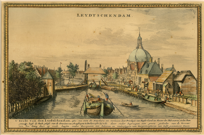 Het recht van den Leytsche Dam rond 1680, ingekleurde gravure van C. Decker en P.F. Smith