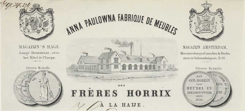 Briefhoofd met afbeelding van meubelfabriek Horrix aan de Stationsweg, 1860.