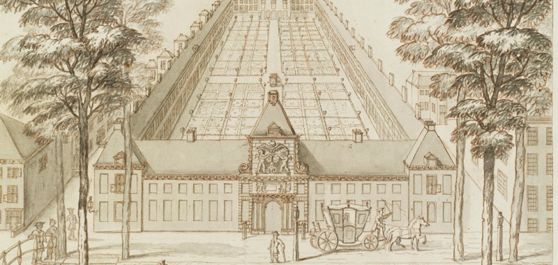 Hofje van Nieuwkoop, 1729. Tekening: G. van Giessen