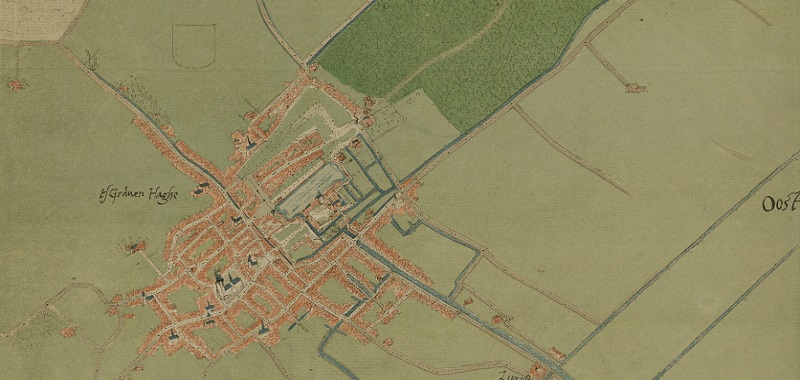 Reproductie van een kaart van Den Haag gemaakt door J. van Deventer rond 1560. Maker J. Fruin