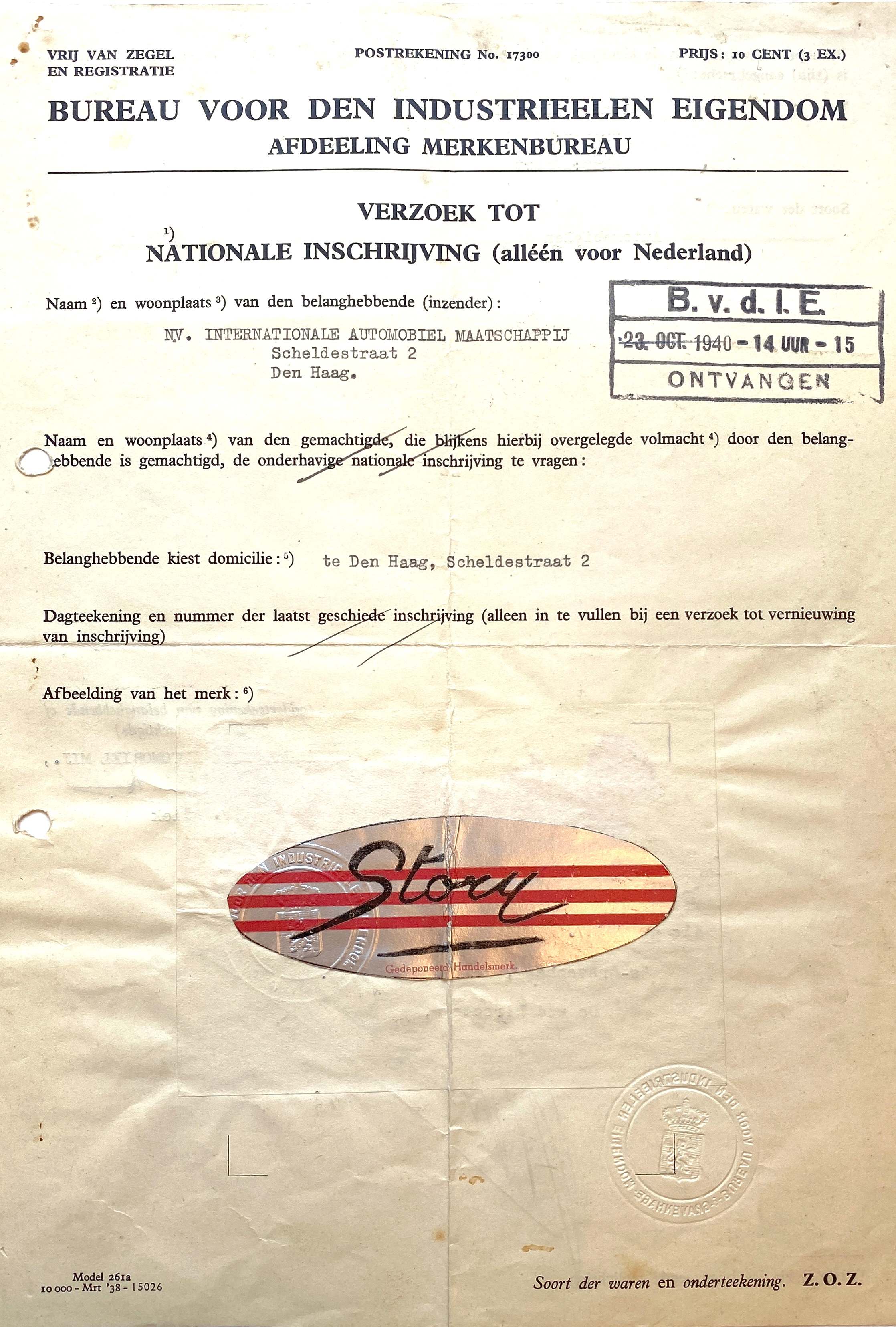 Verzoek tot inschrijving bij Bureau voor den Industrieelen Eigendom 15 juni 1940