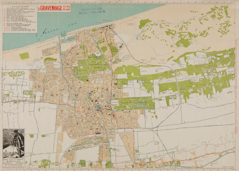 Stadskaart van Den Haag negende druk. Uitgave van de Vereeniging tot Bevordering van het Vreemdelingenverkeer te 's-Gravenhage, Scheveningen en Omstreken. Uitgever H. van Diehlen