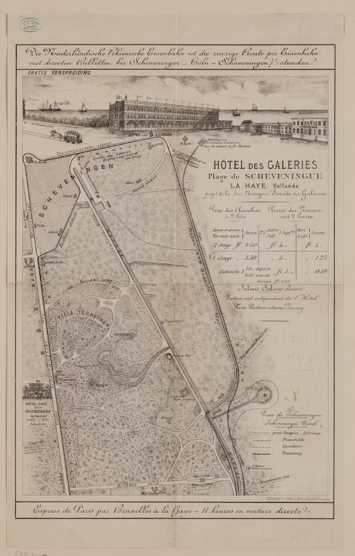 Plattegrond van het dorp Scheveningen uit 1881 met de tekst in het Duits, Frans en Nederlands, met het kanaal. 1881