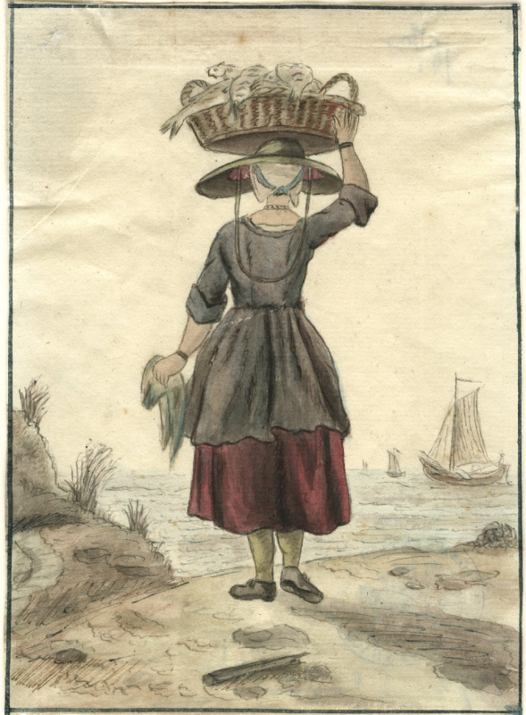 Vissersvrouw met vismand 1775. Prent van Paulus Constantijn la Fargue. 
