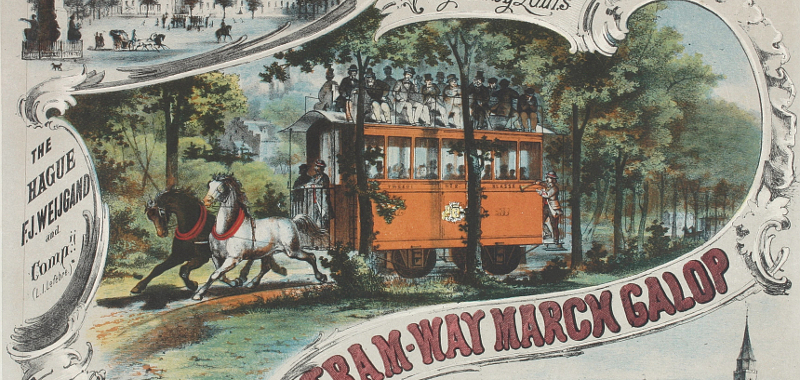 1865,titelblad van de Tram-way March Galop, muziekstuk ter ere van de eerste Haagse paardentram
