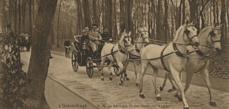 Rond 1908, de koningin met de koets door het Haagse Bos | fotograaf onbekend
