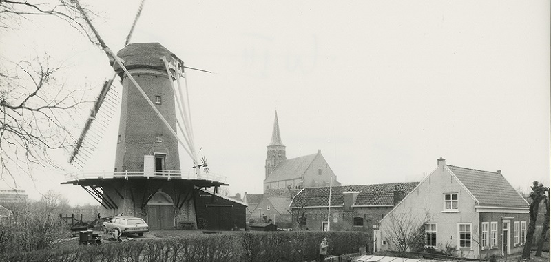 Molen de Korenaer het Loosduins Museum en de Abdijkerk op de achtergrond 1991. Foto DSO