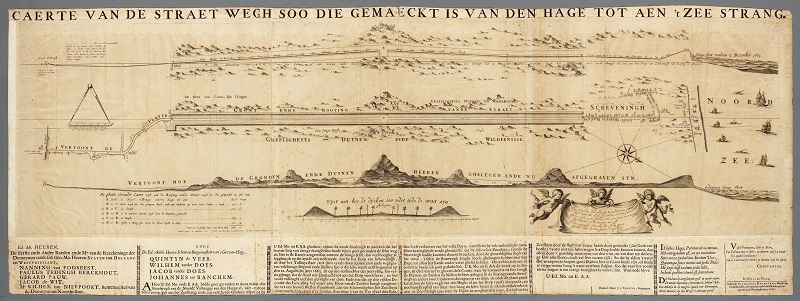 kaart Scheveningseweg circa 1670. Ontwerp Constantijn Huygens en Johan van Swieten